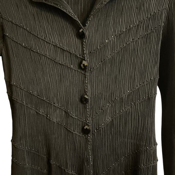 Pleats Textured Black Dressy Blouse S Longline Sparkling Beads Faceted Buttons - Picture 2 of 10